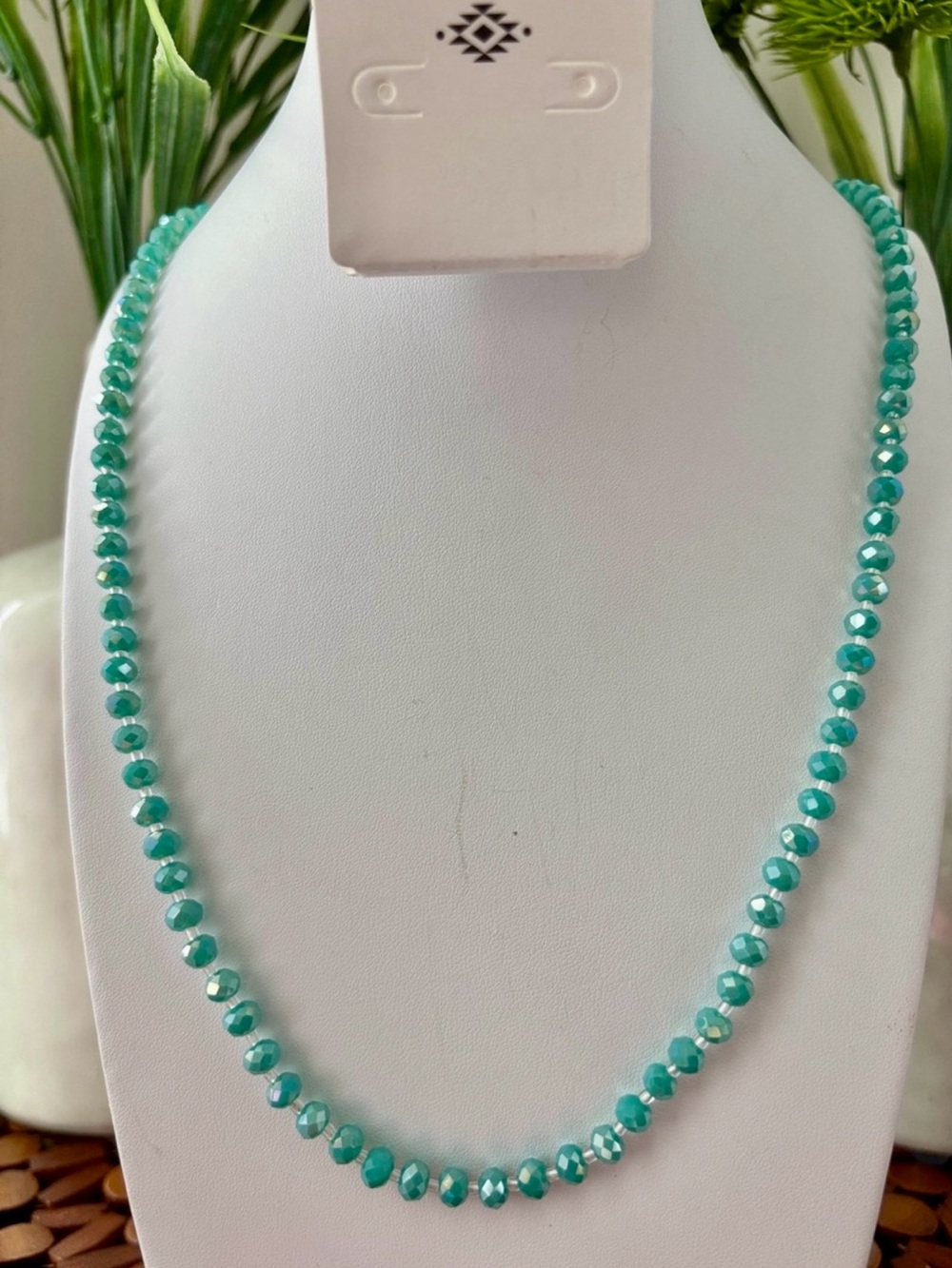 American Traditions faceted aqua beads creating sparkle,small clear spacer beads